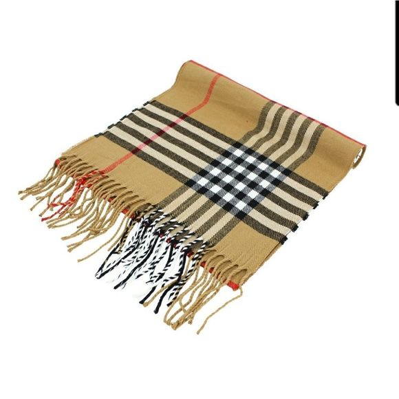 Plaid Cashmere Feel Soft Luxurious Scarf Camel - 72" x 12" with 3" Fringes - Picture 3 of 4